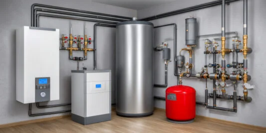 Moderne Wärmepumpe mit Verteilern und Rohrleitungen