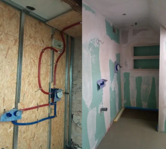 Sanitärinstallation mit Leitungsnetz und Badaufbau